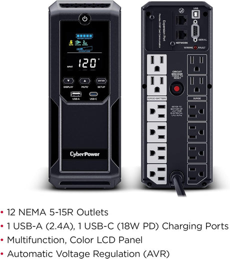 CyberPower Intelligent LCD UPS Battery Backup and Surge Protector, 1500VA/900W, 12 Outlets 2 USB Ports, AVR - Certified Refurbished
