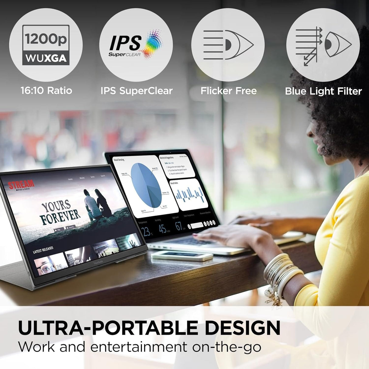 ViewSonic 16" 1200p IPS Wireless Portable Monitor with 2 Way Powered 60W USB C, 60 Hz, Black - Certified Refurbished
