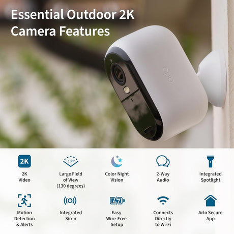 Arlo Essential 2nd Gen 2K Single Cam, White - Certified Refurbished