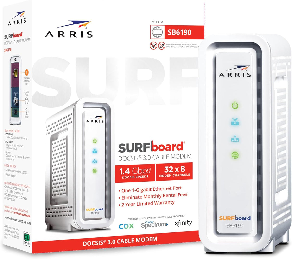 Arris SB6190 SURFboard Cable Modem DOCSIS 3.0 32x8 Gigabit 1 Gbps Port 800 Mbps Max Speed - Certified Refurbished