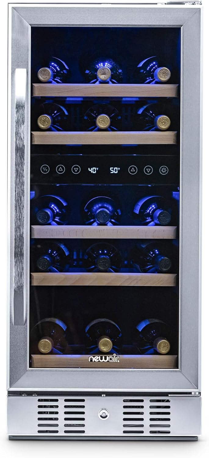 Newair 15" Dual Zone Wine Fridge with Beech Wood Shelves, 29 Bottles, Stainless Steel - Certified Refurbished