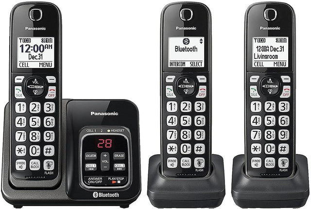 Panasonic Expandable Cordless Phone, Link2Cell Bluetooth, Voice Assistant, Call Blocking, 3-Handset, Metallic Black - Certified Refurbished