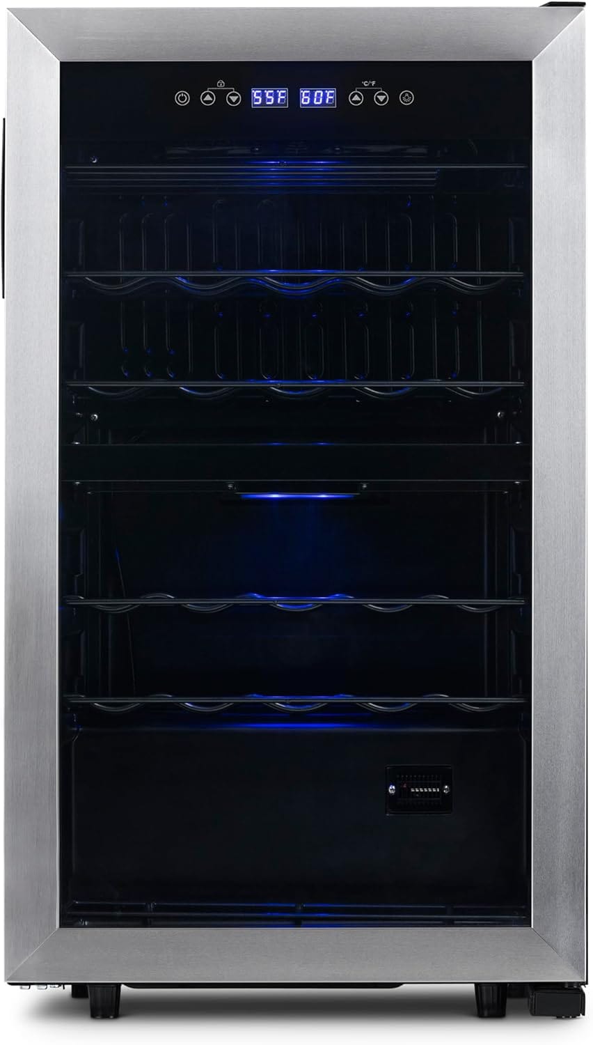 Newair Dual Zone Wine Fridge with Adjustable Racks, 28 Bottles, Stainless Steel - Certified Refurbished