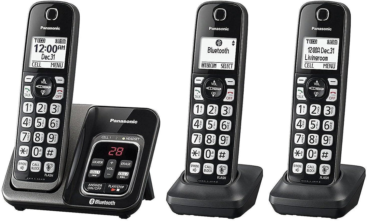 Panasonic Expandable Cordless Phone, Link2Cell Bluetooth, Voice Assistant, Call Blocking, 3-Handset, Metallic Black - Certified Refurbished
