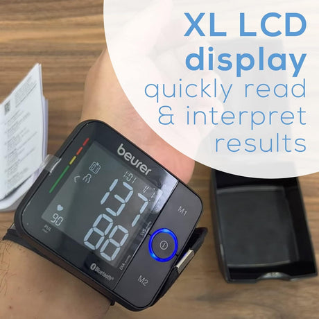 Beurer Wrist Blood Pressure Monitor with Bluetooth, Irregular Heartbeat Detection, Risk Indicator, Large Display, and Travel Case - Refurbished