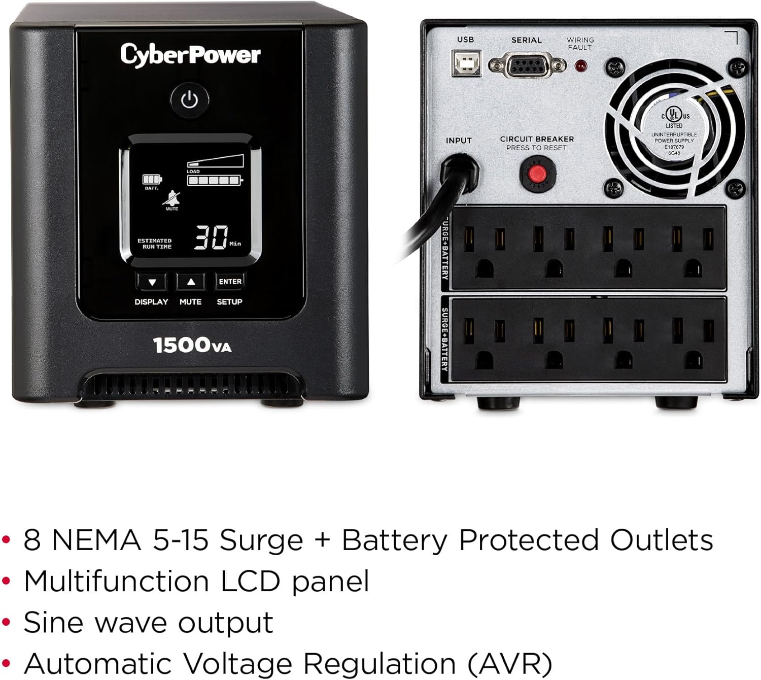 CyberPower PFC Sinewave UPS System, 1500VA/1050W, 8 Outlets, AVR, Mini-Tower - Certified Refurbished