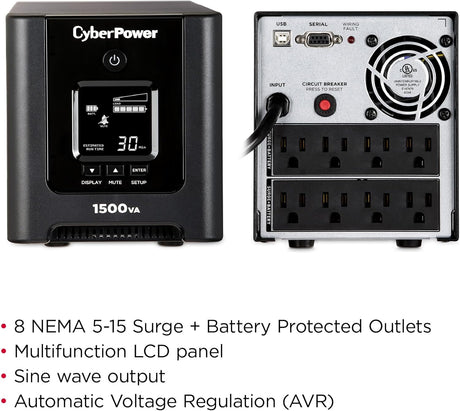 CyberPower PFC Sinewave UPS System, 1500VA/1050W, 8 Outlets, AVR, Mini-Tower - Certified Refurbished