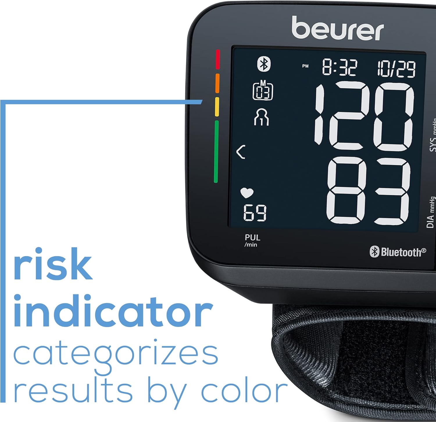 Beurer Wrist Blood Pressure Monitor with Bluetooth, Irregular Heartbeat Detection, Risk Indicator, Large Display, and Travel Case - Refurbished