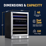 Newair 24" Dual Zone Wine Fridge with Beech Wood Shelves, 46 Bottles, Stainless Steel - Certified Refurbished