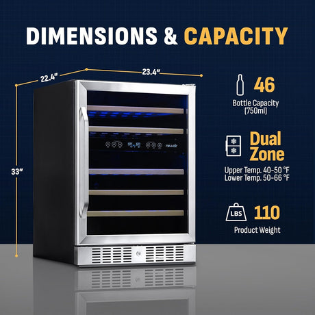 Newair 24" Dual Zone Wine Fridge with Beech Wood Shelves, 46 Bottles, Stainless Steel - Certified Refurbished