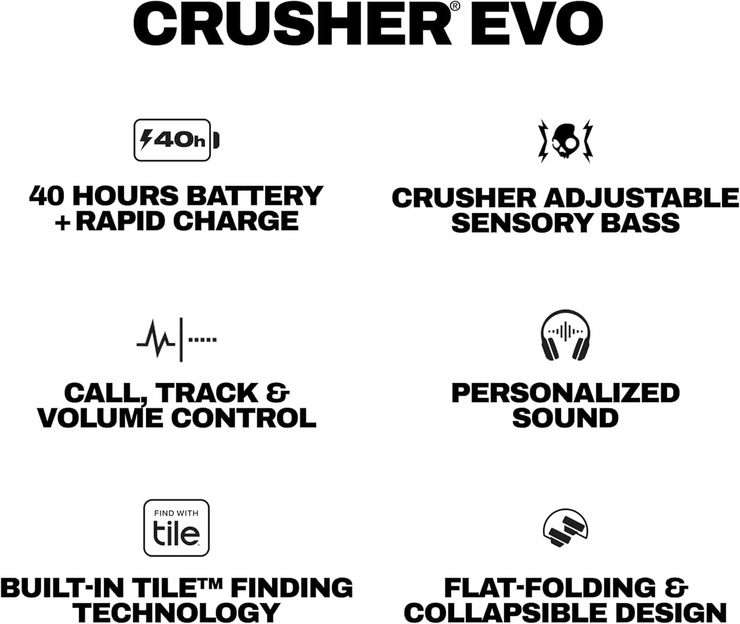 Skullcandy Crusher Evo Wireless Bluetooth Headphones, Multi-Sensory Bass, Noise Isolating Over-Ear Fit, Up to 40 Hours Battery, Microphone, Asphalt