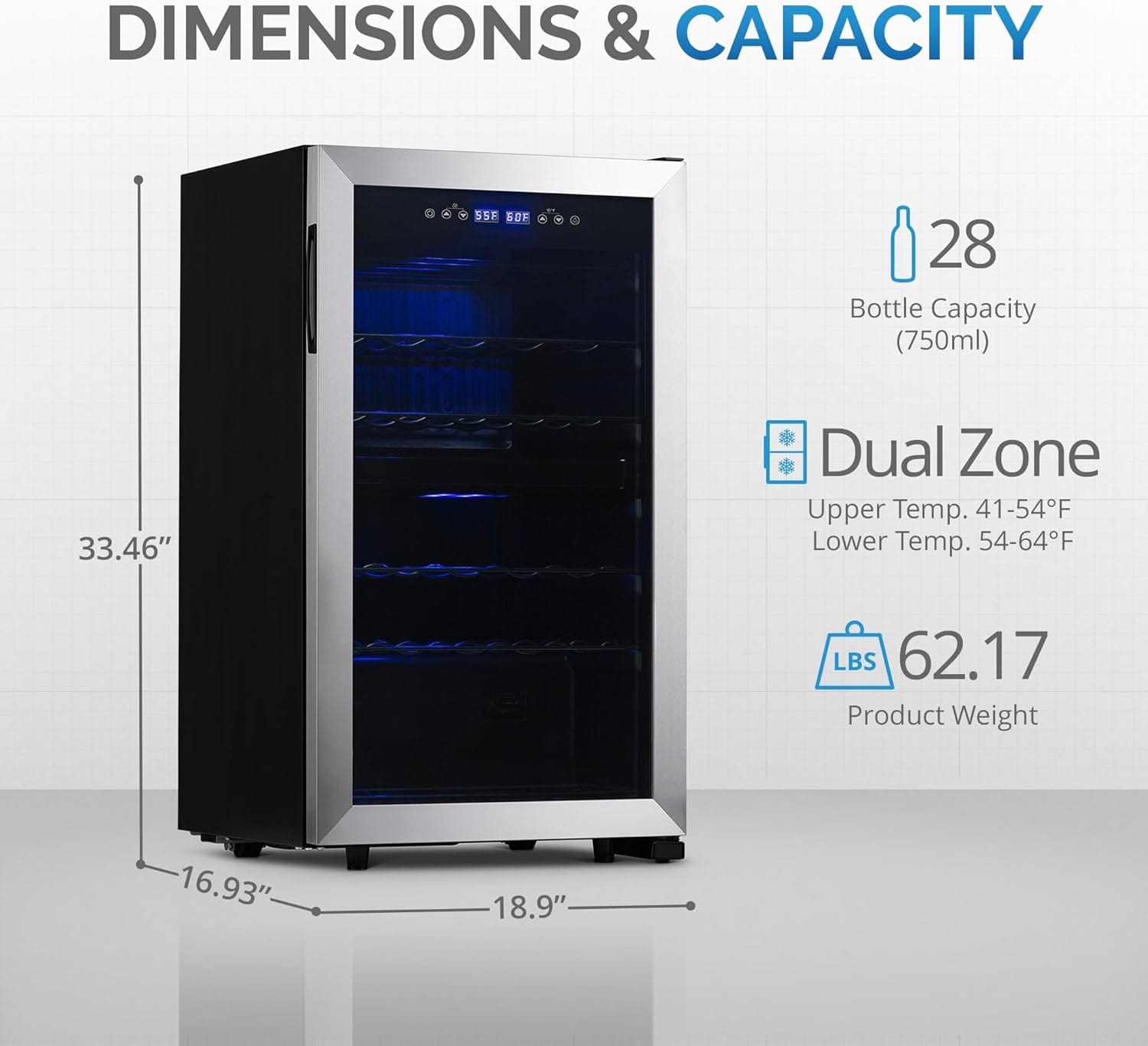 Newair Dual Zone Wine Fridge with Adjustable Racks, 28 Bottles, Stainless Steel - Certified Refurbished