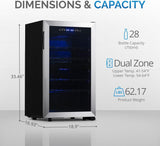 Newair Dual Zone Wine Fridge with Adjustable Racks, 28 Bottles, Stainless Steel - Certified Refurbished