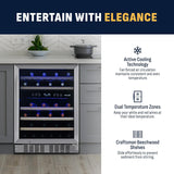 Newair Dual Zone Fridge with Beech Wood Shelves, 46 Bottles, Stainless Steel - Certified Refurbished