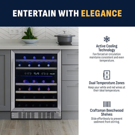 Newair Dual Zone Fridge with Beech Wood Shelves, 46 Bottles, Stainless Steel - Certified Refurbished