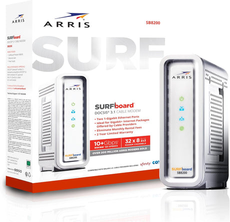 Arris SB8200 SURFboard Cable Modem Fast DOCSIS 3.1 32x8 Gigabit Max Internet Speed 1 Gbps  - Certified Refurbished