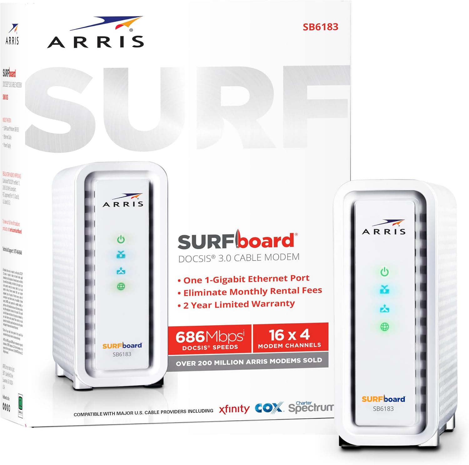 Arris SB6183 SURFboard Cable Modem DOCSIS 3.0 16x4 Gigabit 1 Gbps Port 400 Mbps Max Speed - Certified Refurbished