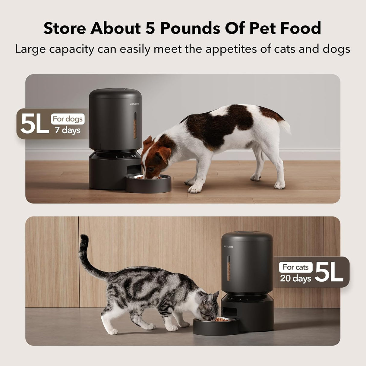 Petlibro Granary Automatic Pet Feeder, 5G Wi-Fi, 5L, Low Food Sensor, Black - Certified Refurbished