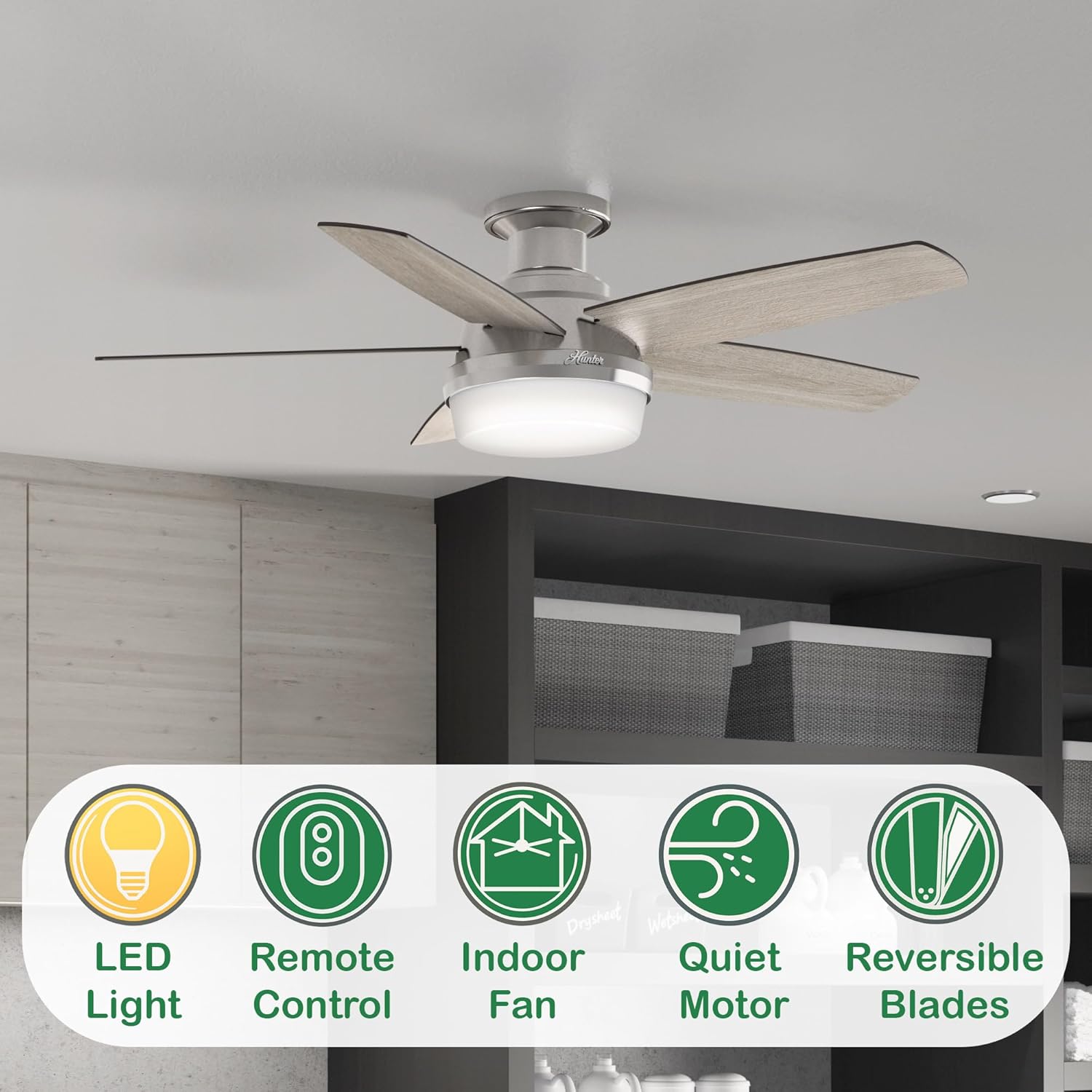 Hunter Fan 48 Inch Low Profile Ceiling Fan with LED Light Kit and Remote Control, Brushed Nickel - Certified Refurbished