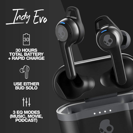 Skullcandy Indy Evo In-Ear Wireless Earbuds, 30 Hr Battery, Microphone, Works with iPhone Android and Bluetooth Devices, Black
