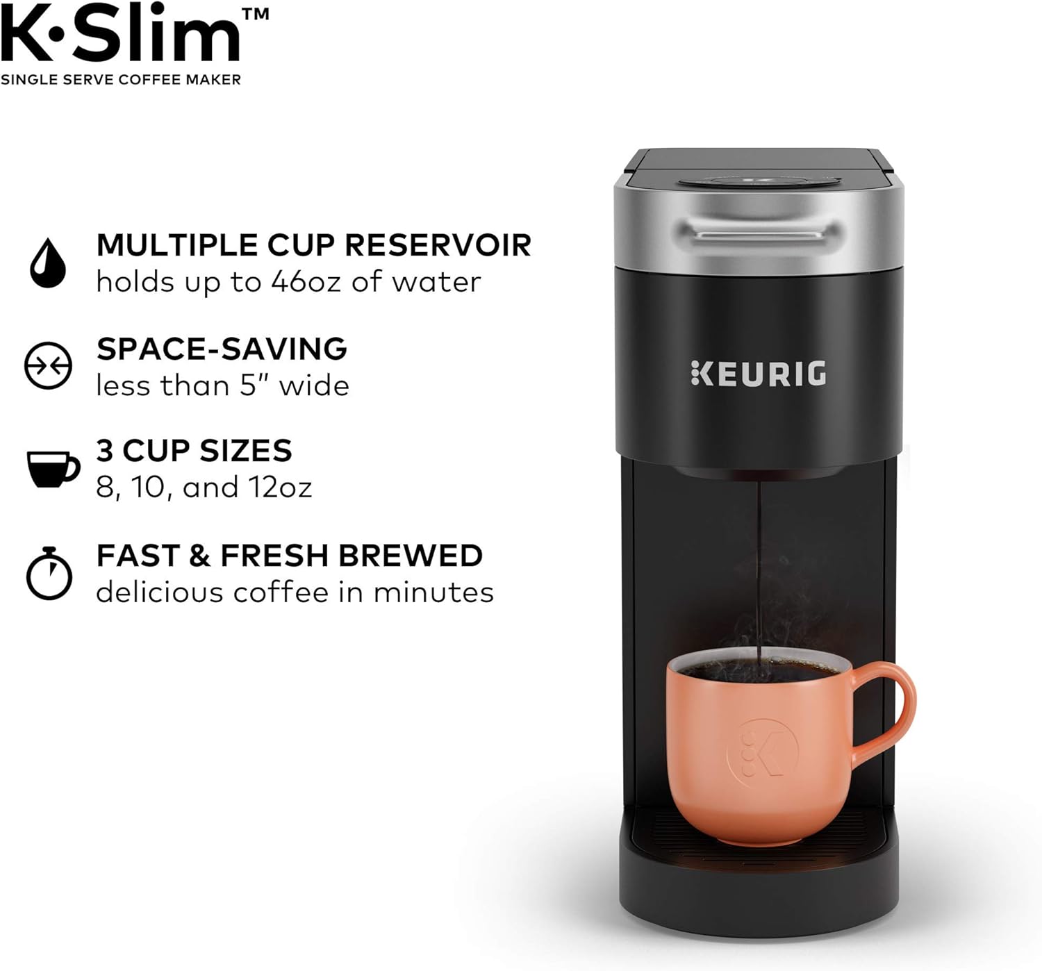 Keurig K-Slim Single Serve K-Cup Pod Coffee Maker, MultiStream Tech, 3 Brew Sizes, 46oz Removable Reservoir, Black - Certified Refurbished