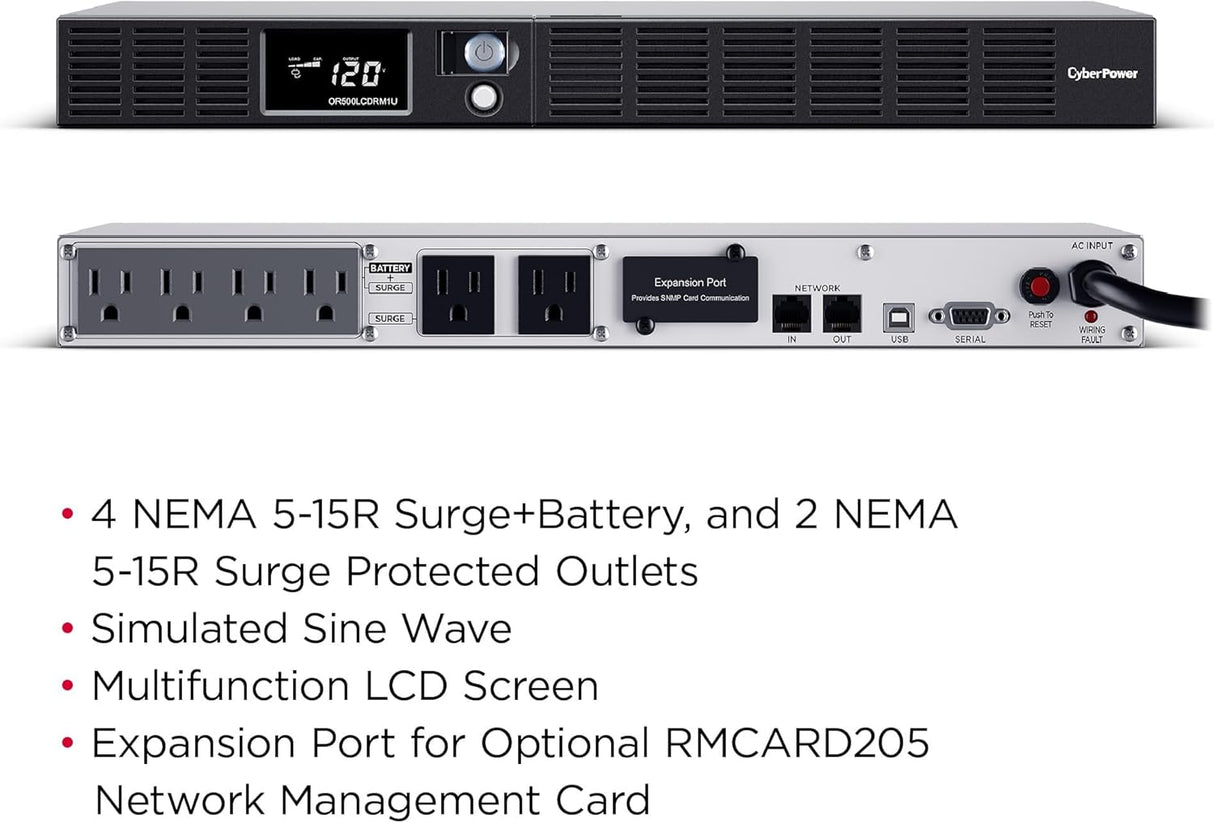 CyberPower Smart App LCD UPS Battery Backup and Surge Protector, 500VA/300W, 6 Outlets, AVR, 1U Rackmount - Certified Refurbished