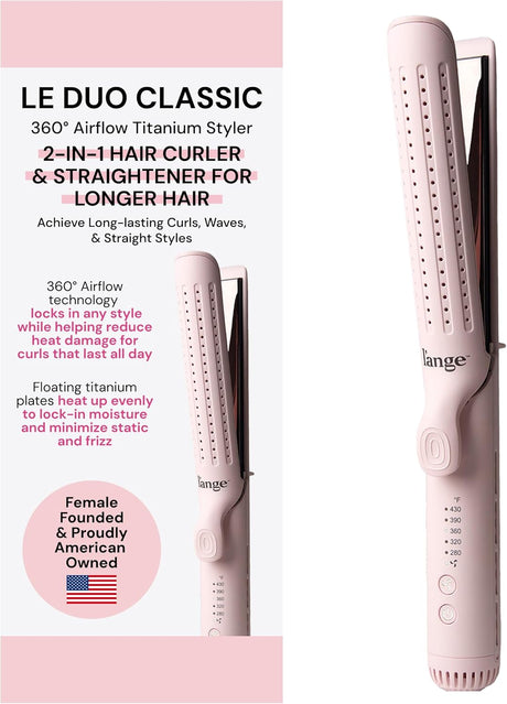 L'ange Hair Le Duo Grande 360° Airflow Styler, 2-in-1 Curling Wand & Flat Iron, Cooling Vents, Adjustable Temp, Blush