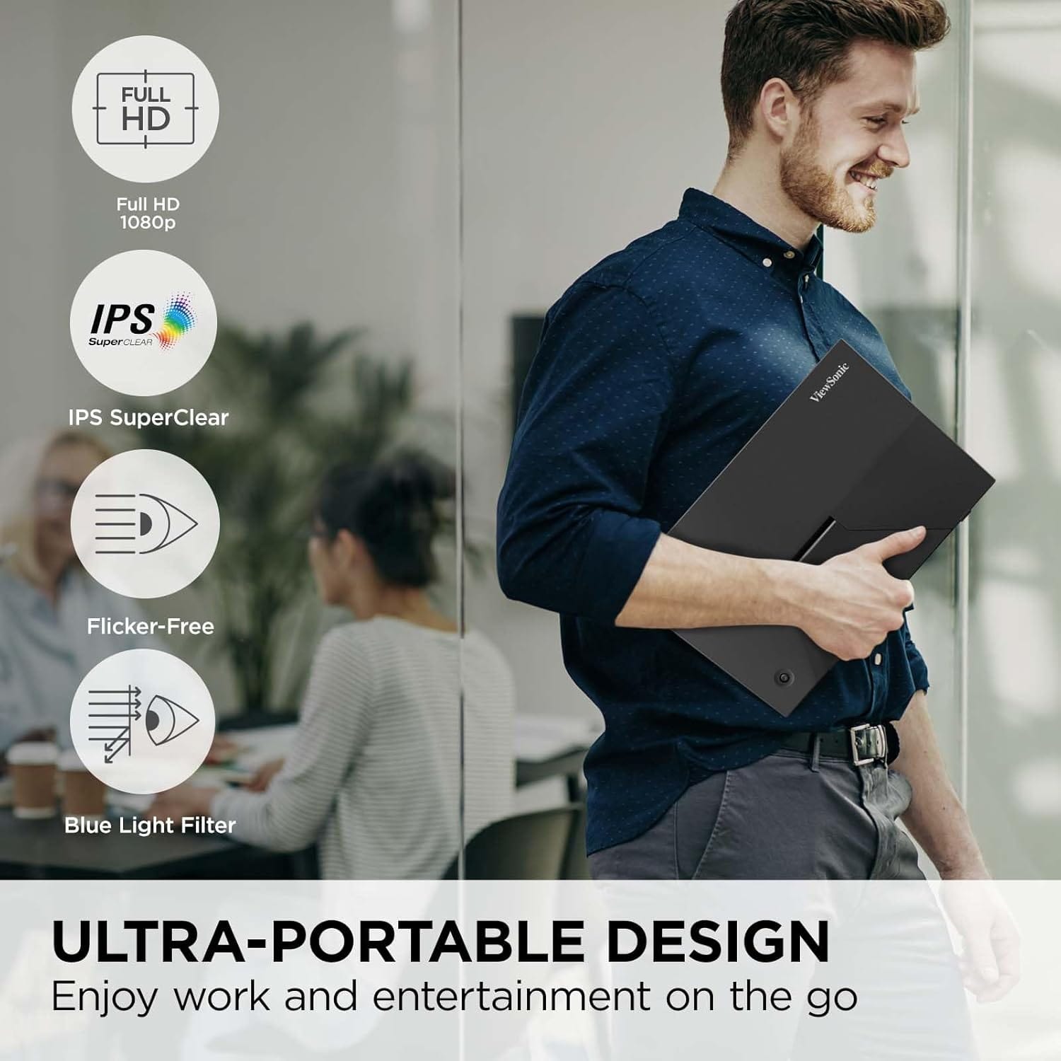 ViewSonic 16 Inch 1080p FHD IPS Portable Monitor with Eye Care, Built-in Stand, USB C, Mini HDMI - Certified Refurbished