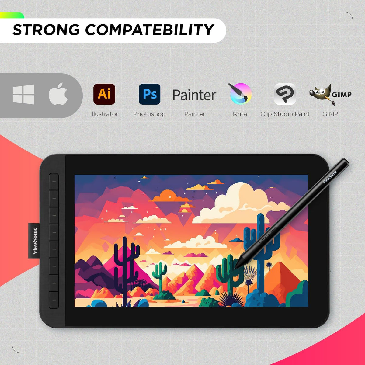 ViewSonic 12" Drawing Tablet, Full HD Display, 8192 Pressure Pen, Tilt Support, Mac/Windows Compatible