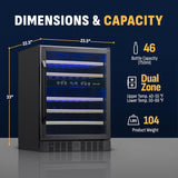 Newair 24" Built-in Dual Zone Wine Fridge, 46 Bottles, Black - Certified Refurbished
