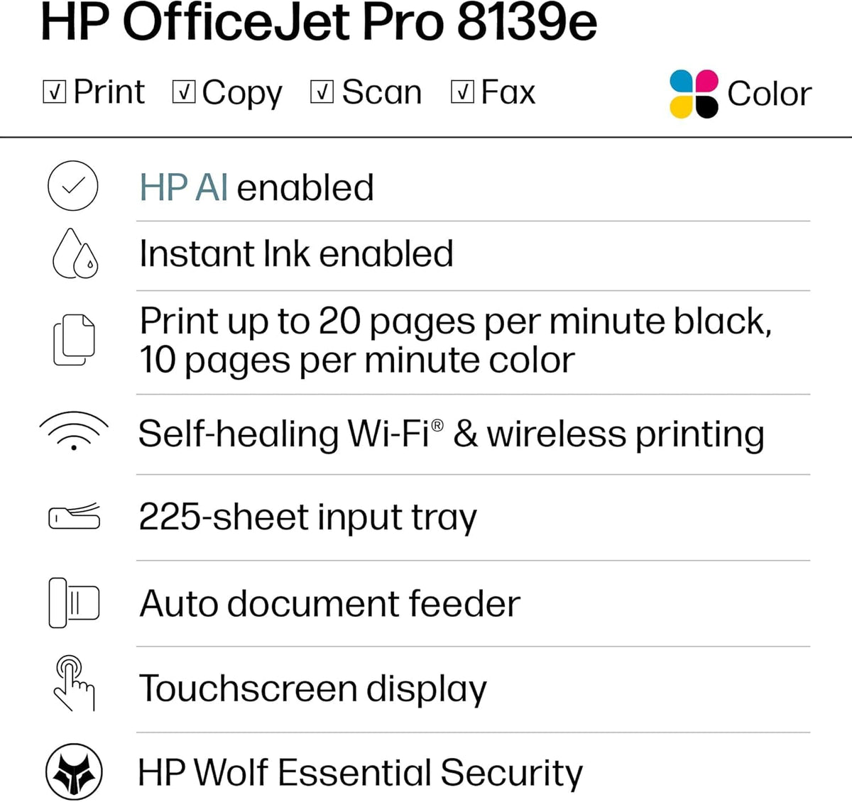 HP OfficeJet Pro 8139e Wireless All-in-One Color Inkjet Printer, Print, Scan, Copy, Fax, Duplex, ADF - Certified Refurbished