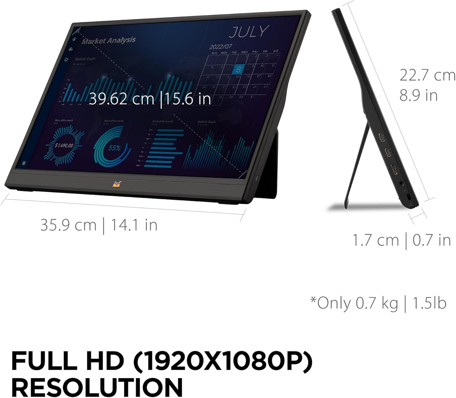 ViewSonic 15.6 Inch 1080p Portable IPS Monitor with Mobile Ergonomics, USB-C and Mini HDMI for Home and Office - Certified Refurbished
