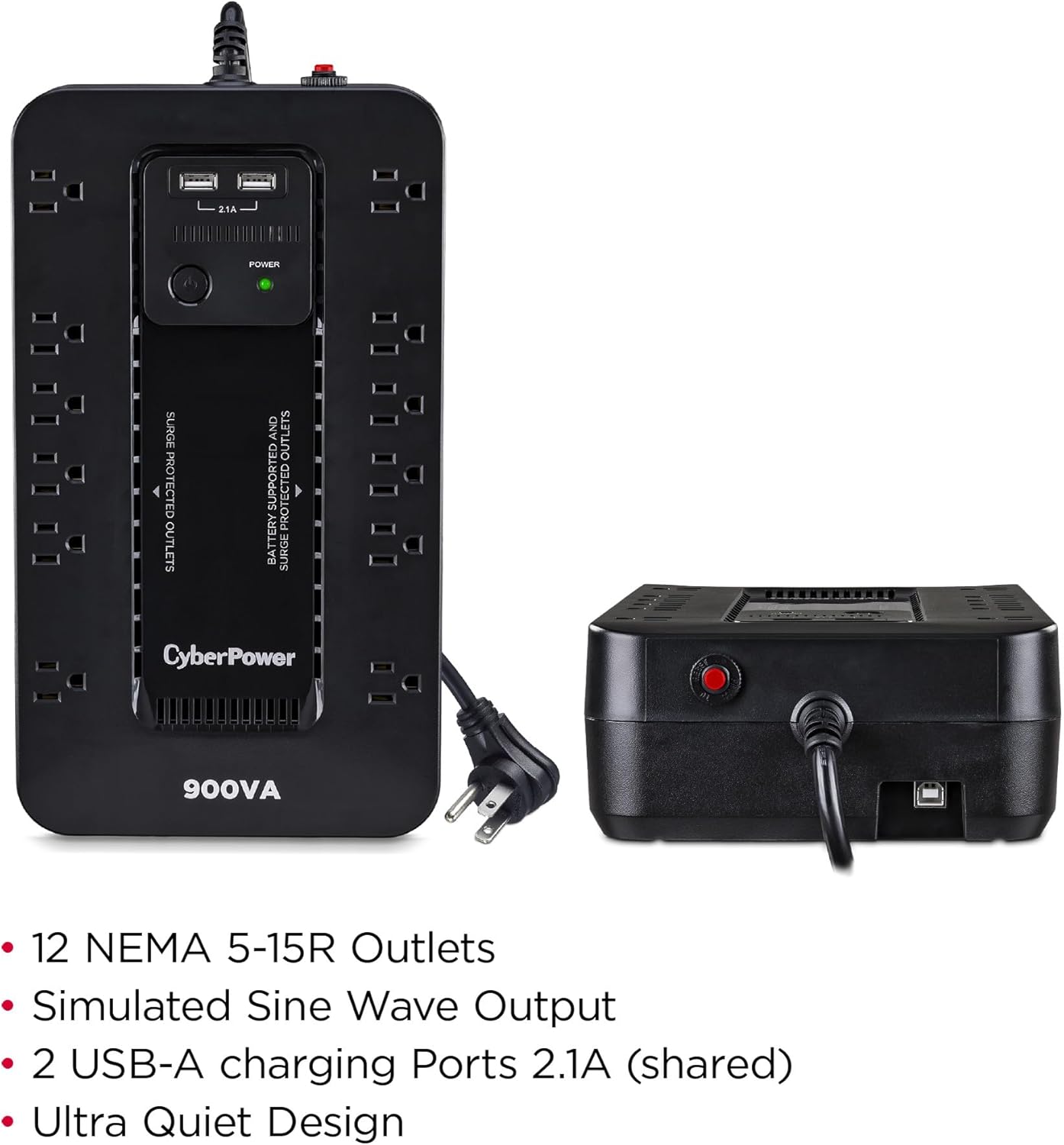 CyberPower Standby UPS Battery Backup and Surge Protector, 900VA/500W, 12 Outlets, 2 USB Charging Ports, Compact - Certified Refurbished