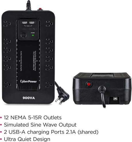 CyberPower Standby UPS Battery Backup and Surge Protector, 900VA/500W, 12 Outlets, 2 USB Charging Ports, Compact - Certified Refurbished