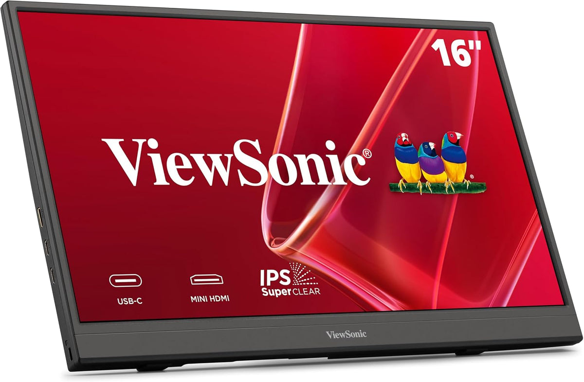 ViewSonic VA1653 16 Inch 1080p FHD IPS Portable Monitor with Eye Care, Built-in Stand, USB C, Mini HDMI, Black - Certified Refurbished