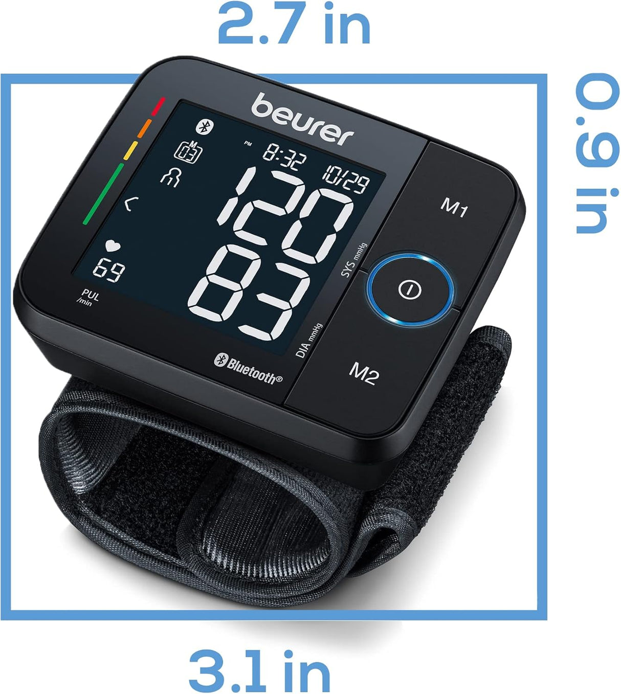 Beurer Wrist Blood Pressure Monitor with Bluetooth, Irregular Heartbeat Detection, Risk Indicator, Large Display, and Travel Case - Refurbished