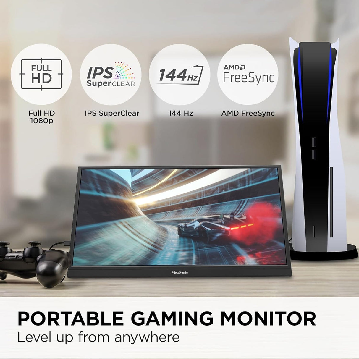 ViewSonic 17 Inch 1080p IPS Portable Gaming Monitor with 144Hz, AMD FreeSync,2 Way Powered 60W USB C, Mini HDMI - Certified Refurbished