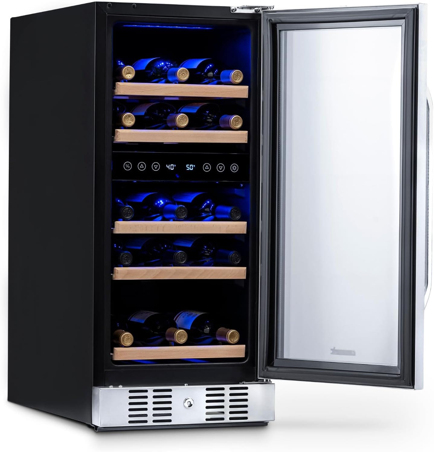 Newair 15" Dual Zone Wine Fridge with Beech Wood Shelves, 29 Bottles, Stainless Steel - Certified Refurbished