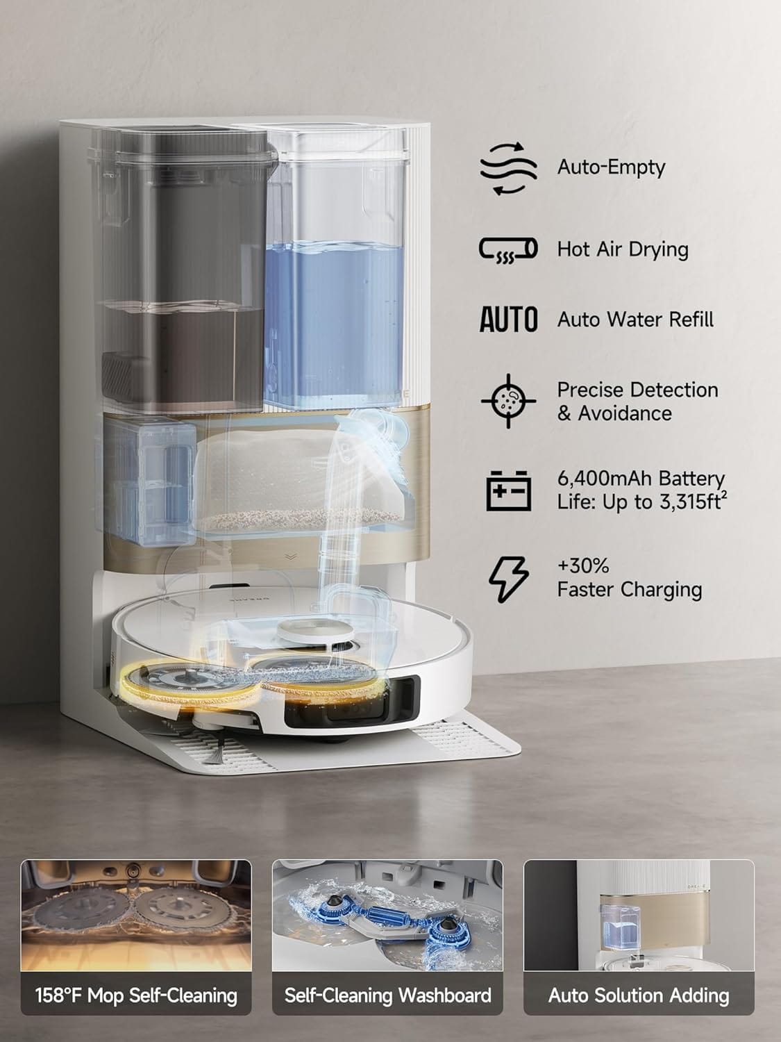 Dreame X40 Ultra Robot Vacuum with Removable Liftable Mop, 12000Pa Suction, Side Brush Cleaning, 158°F Mop Self-Cleaning, Auto Empty and Refill, White