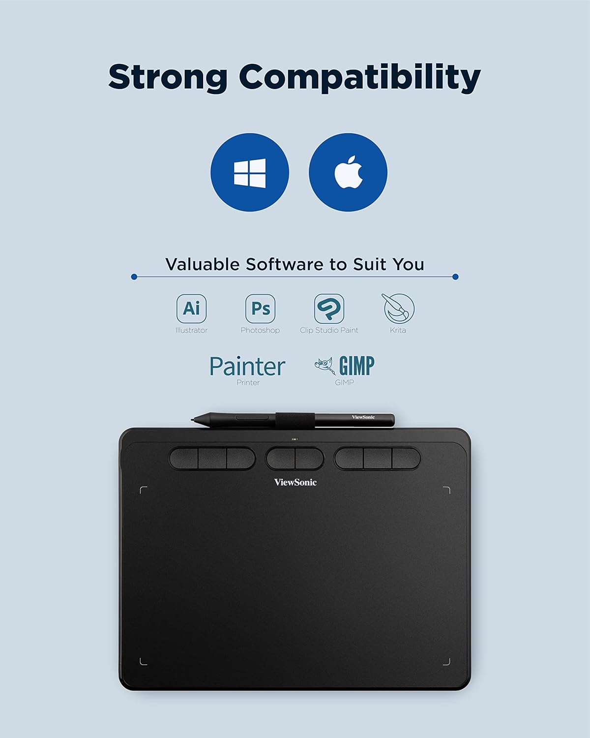 ViewSonic 10" Graphics Tablet, 8192 Pressure Pen, ±60° Tilt, Portable for Students/Creators, Mac/Windows Compatible