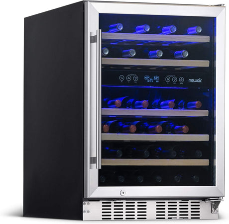 Newair Dual Zone Fridge with Beech Wood Shelves, 46 Bottles, Stainless Steel - Certified Refurbished