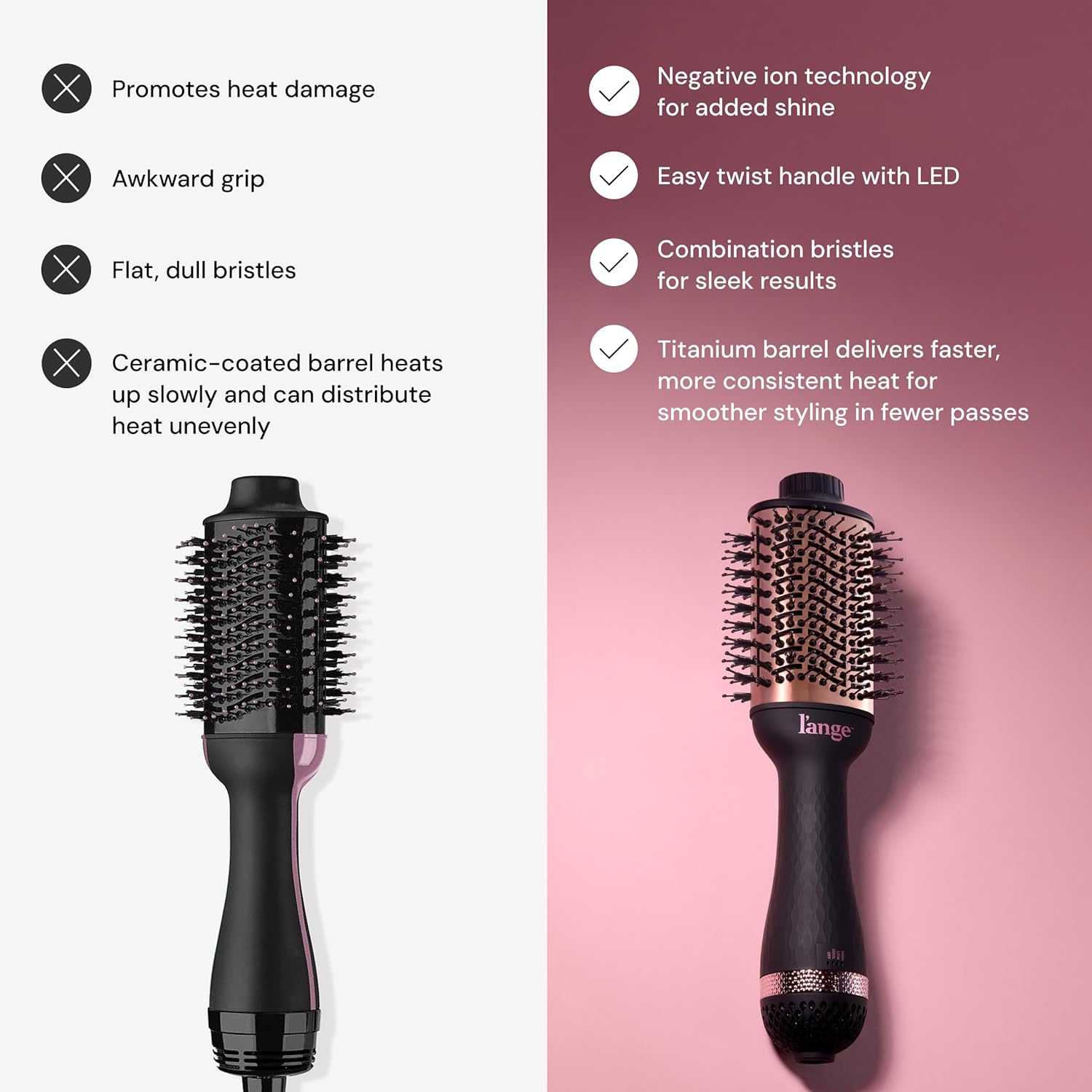 L'ange Hair Le Volume 2-in-1 Titanium Blow Dryer Brush, 75mm Oval Barrel, for Smooth, Frizz-Free Styling on All Hair Types, Black