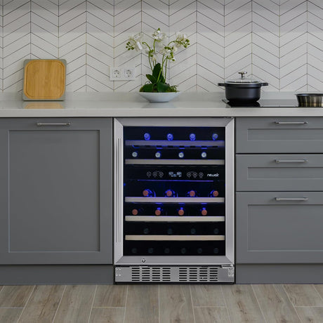 Newair Dual Zone Fridge with Beech Wood Shelves, 46 Bottles, Stainless Steel - Certified Refurbished
