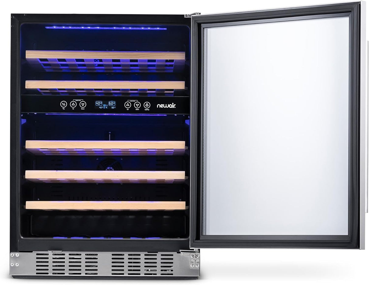 Newair Dual Zone Fridge with Beech Wood Shelves, 46 Bottles, Stainless Steel - Certified Refurbished