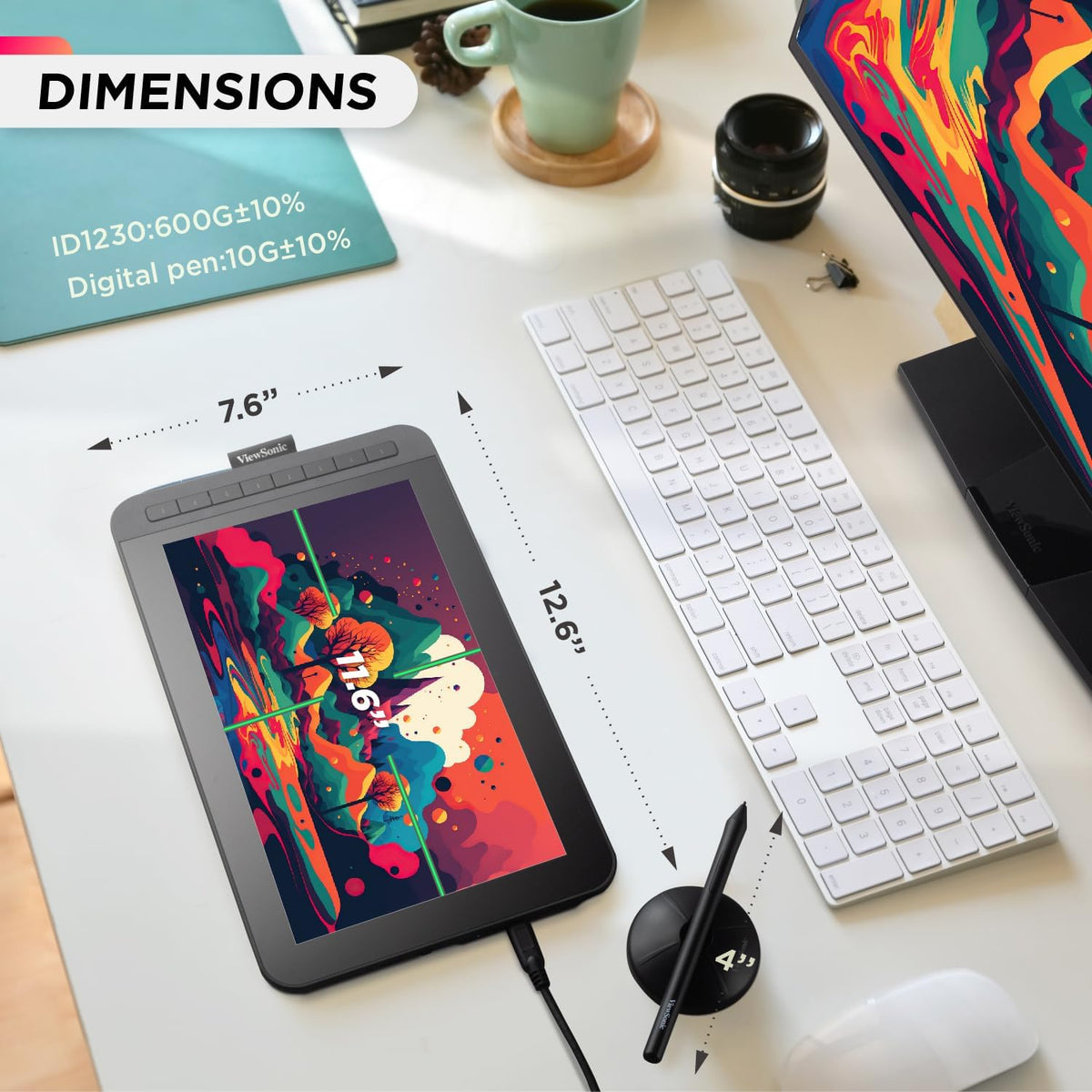 ViewSonic 12" Drawing Tablet, Full HD Display, 8192 Pressure Pen, Tilt Support, Mac/Windows Compatible