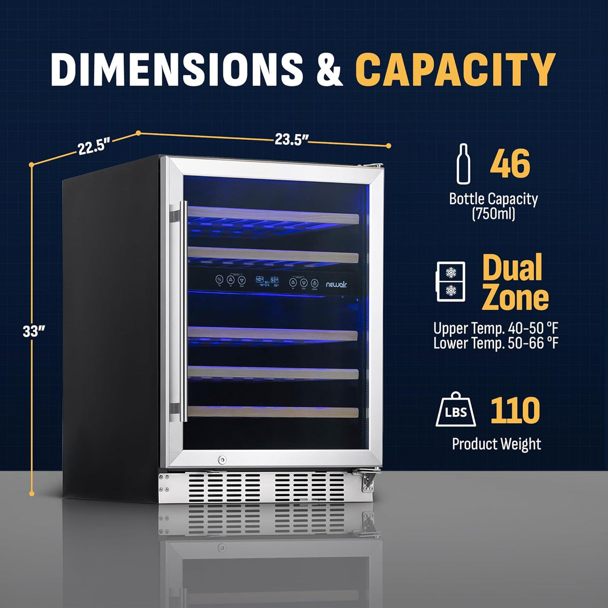 Newair Dual Zone Fridge with Beech Wood Shelves, 46 Bottles, Stainless Steel - Certified Refurbished