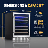 Newair Dual Zone Fridge with Beech Wood Shelves, 46 Bottles, Stainless Steel - Certified Refurbished