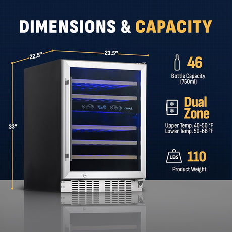 Newair Dual Zone Fridge with Beech Wood Shelves, 46 Bottles, Stainless Steel - Certified Refurbished