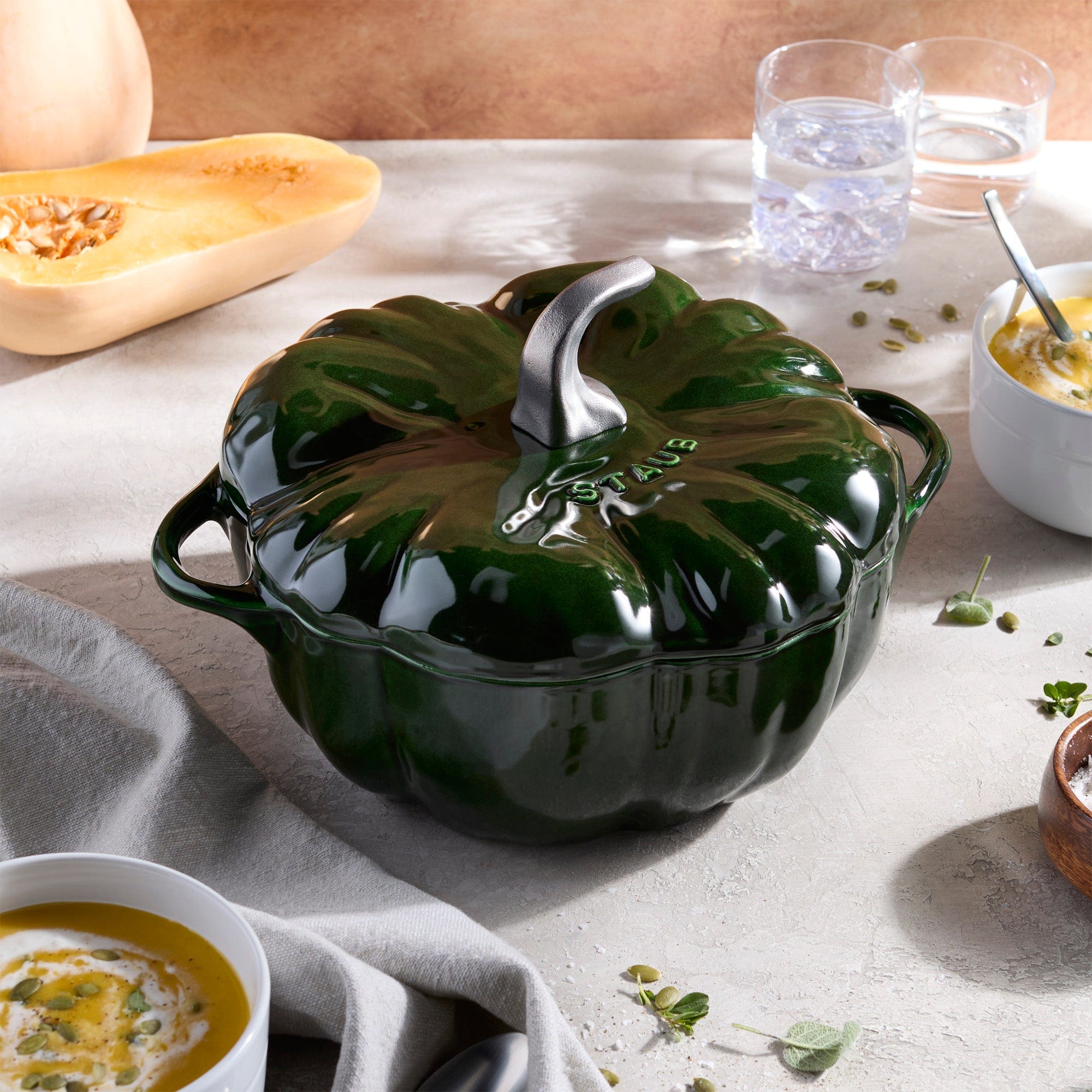 Staub Cast Iron 3.5-qt Pumpkin Cocotte with Stainless Steel Knob - Basil