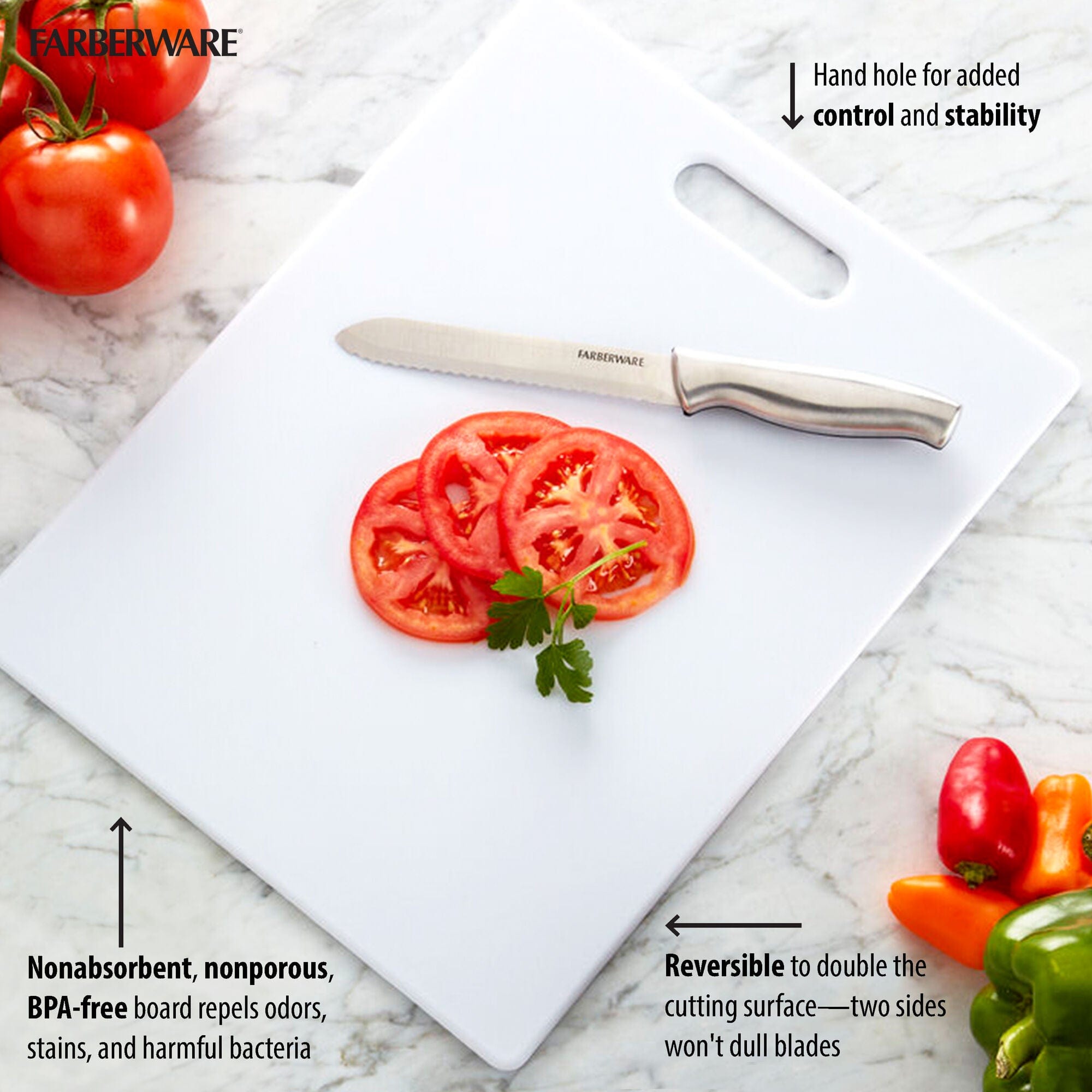 FARBERWARE Large Cutting Board, Dishwasher- Safe Plastic Chopping Board for Kitchen with Easy Grip Handle, 11in by 14in, White